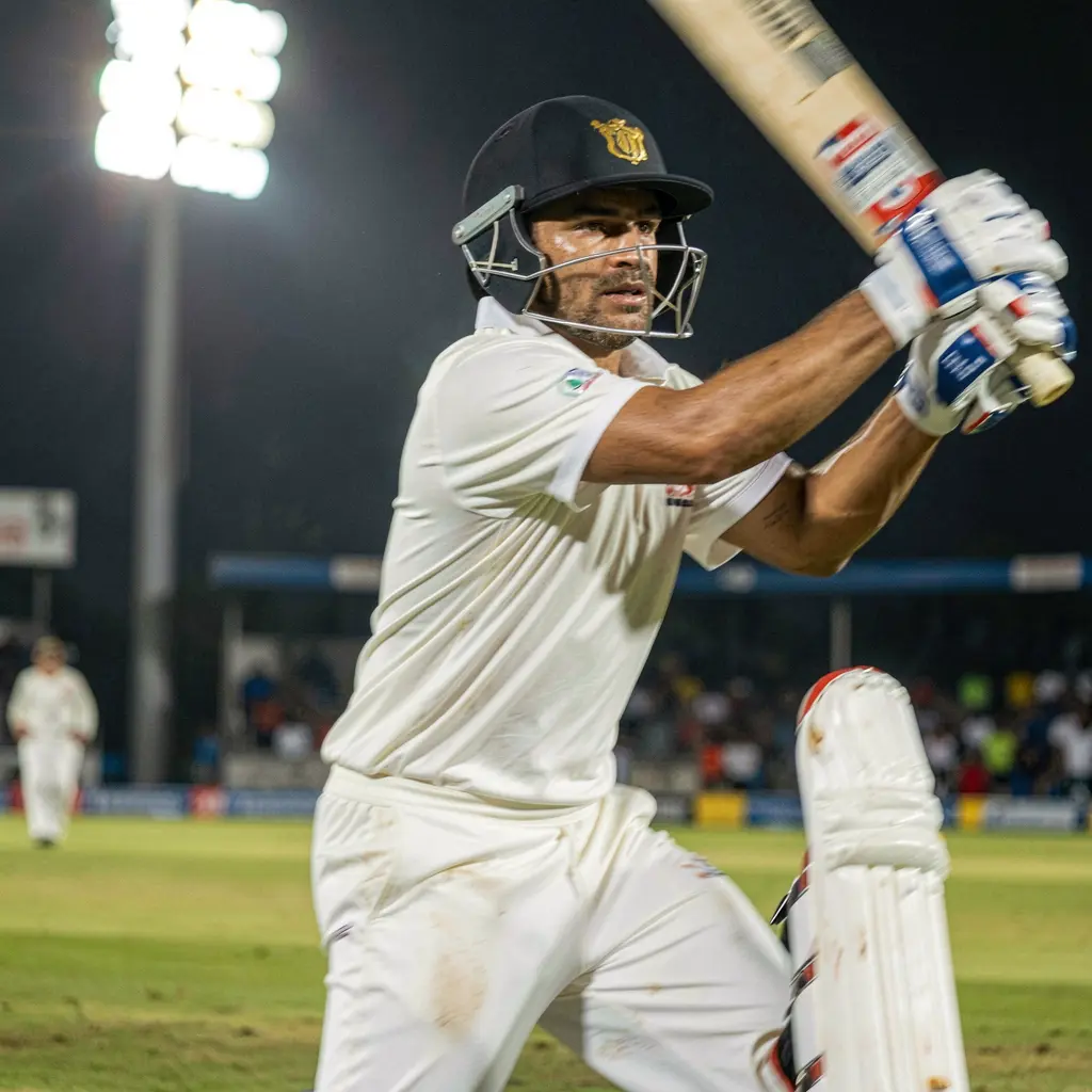 Focused cricket batsman in traditional gear playing a shot under bright stadium lights showcasing high intensity matches for 9O999 betting in Bangladesh