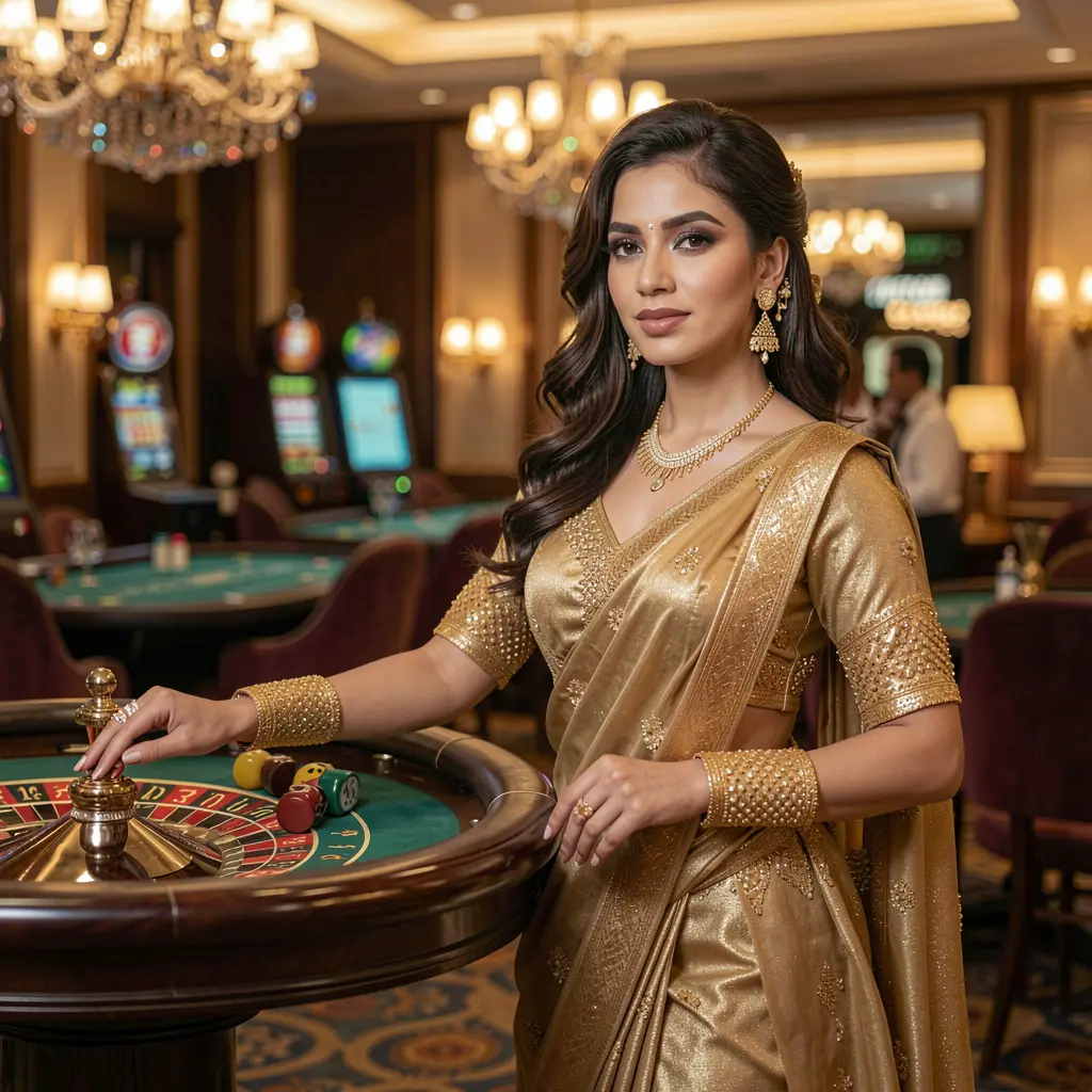 Elegant woman in a luxurious gold dress standing by a roulette table in a glamorous casino atmosphere at 9O999, showcasing a premium gaming experience for players in Bangladesh